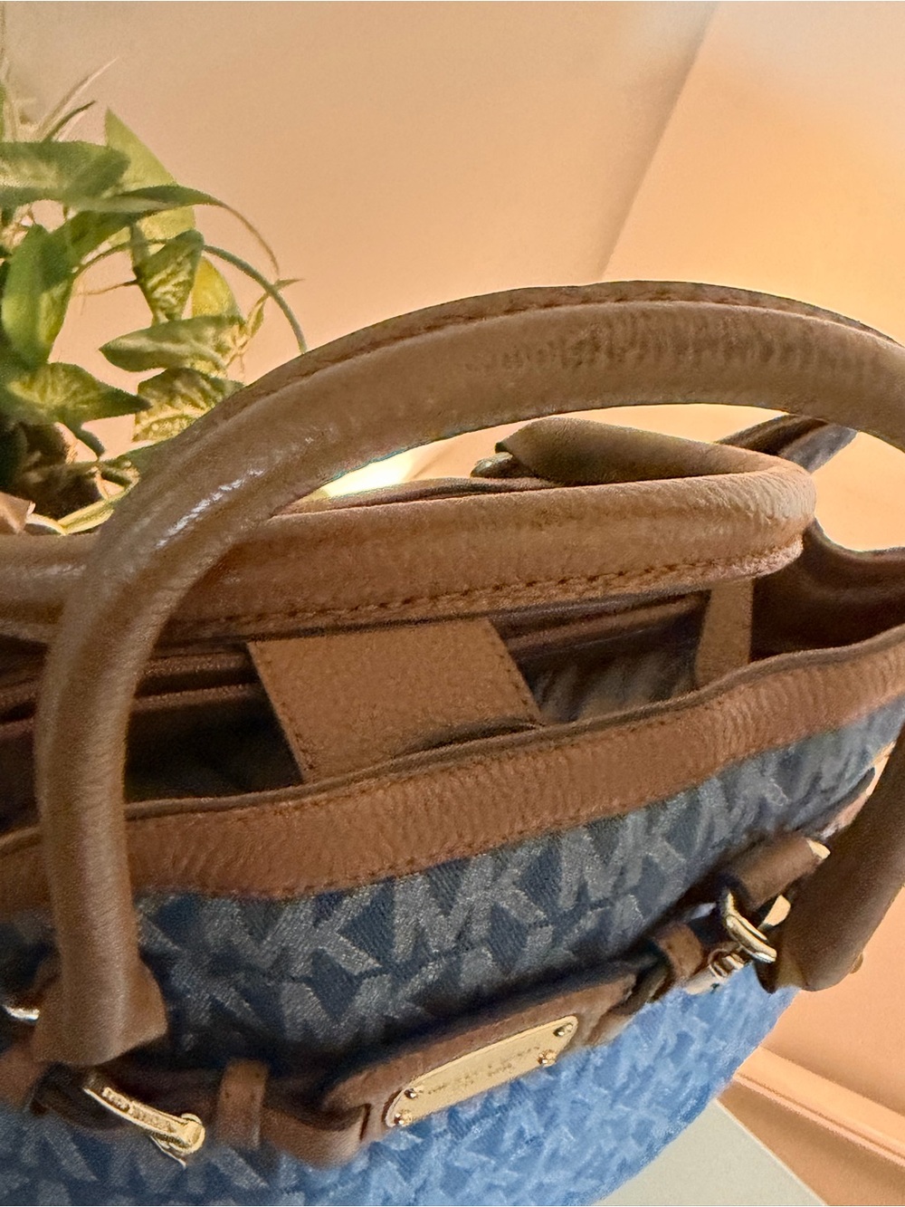 Michael Kors Blue Denim MK Logo Tote with Brown Leather Trim - Picture 3 of 13